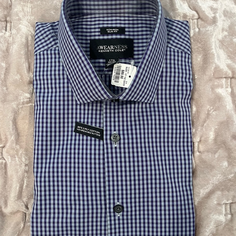Kenneth Cole Men's Navy and White Plaid Shirt